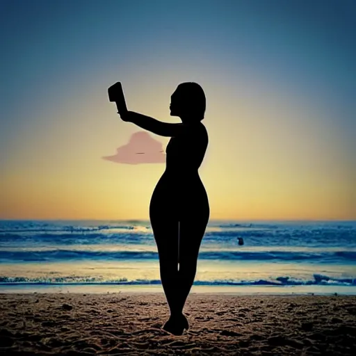 Image similar to “a silhouette of a woman on a beach taking a selfie with lots of hearts in the air photorealistic ”