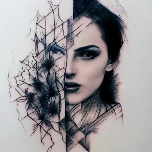 Prompt: realistic tattoo sketch of a beautiful woman face double exposure with amazing mountain scenery