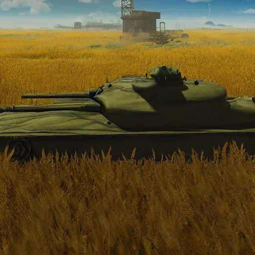 Image similar to a high resolution very detailed image of russian tank final boss battle from nier : automata in yellow rye field under pure blue skies