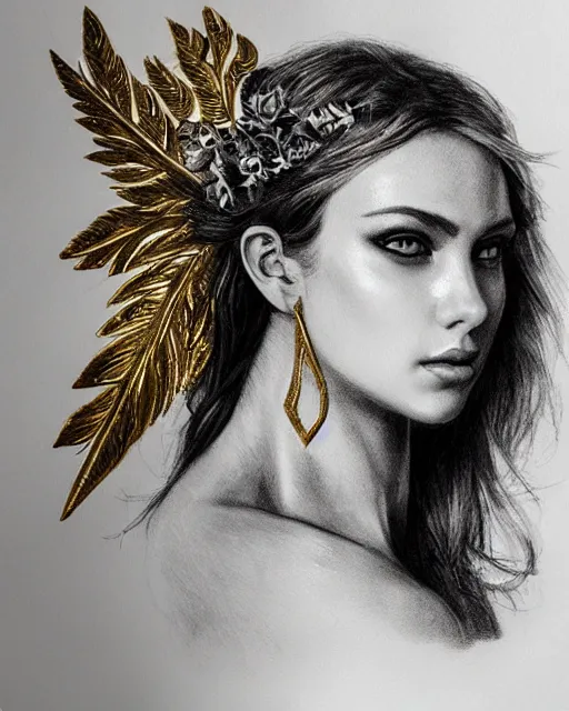 Image similar to tattoo sketch of beautiful super model aphrodite greek goddess wearing a gold laurel wreath and triangle earrings, beautiful piercing gaze with sharp pupils, beautiful blonde hair, in the style of greg rutkowski, fantasy, amazing detail, epic, elegant, smooth, sharp focus, front view