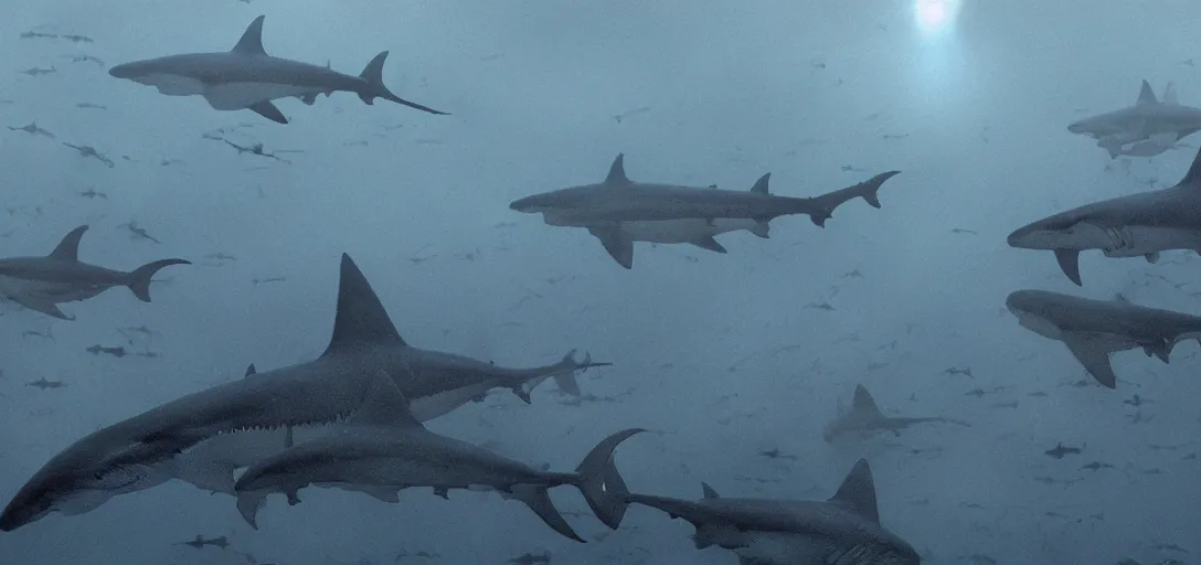 Image similar to a storm of sharks, foggy, cinematic shot, photo still from movie by denis villeneuve, wayne barlowe