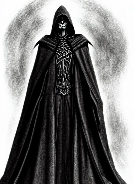 Image similar to pencil ultradetailed sketch of the necromancer, wearing a black cloak, crisp