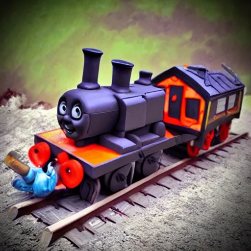 Prompt: scary thomas the tank engine ramming zombies, clay sculpture