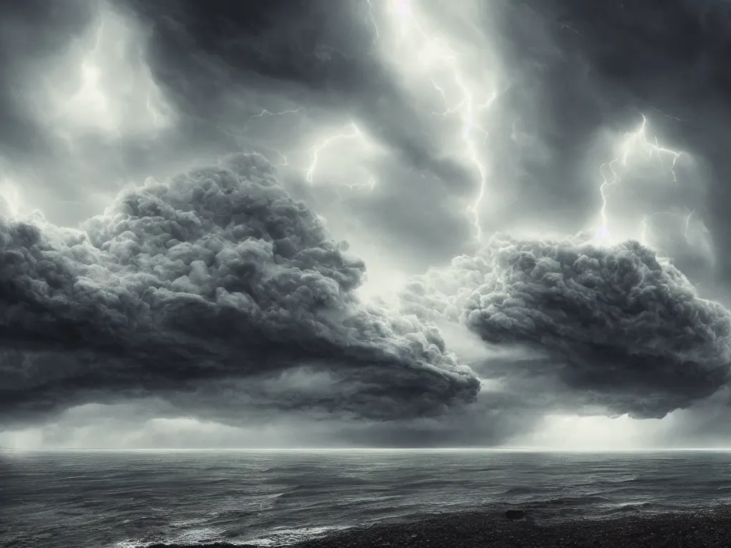 Prompt: detailed supercells, landscapes, unusual super storm, beach, scifi, moody, atmospheric, cinematic, very high complexity, stunning, masterpiece, very detailed. 4 k