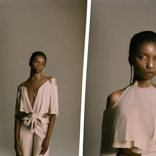 Image similar to realistic photoshoot for a new offwhite lookbook, color film photography, portrait of a beautiful woman in style of tyler Mitchell, 35mm, graflex