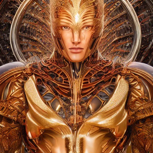 Image similar to a beautiful symmetrical muscular body wearing an armor made of golden ornaments and gems by alex gray and android jones , Karol Bak, Ayami Kojima, Amano , 3D, 8k resolution