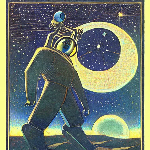 Image similar to illustration of the man in the moon as a robot, by nicholas roerich and donato giancola and dulac, sharp focus, very detailed, starry sky, geometric ornament, dramatic lighting