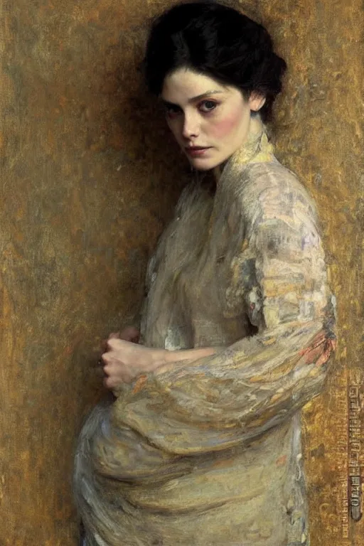 Prompt: Richard Schmid and Jeremy Lipking and Gustav Klimt full length portrait painting of a young beautiful woman