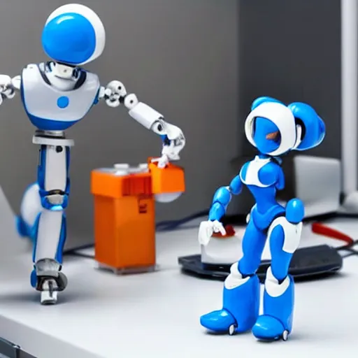 Image similar to photo of figma figures inside a diorama of a laboratory : : a cute female ball - jointed long - haired robot ( in the style of mega man ) is repairing computers. she is being helped by animal - shaped robots and abstract robots.