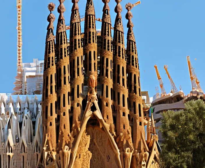 Image similar to 4 k hd, high detail photograph of la sagrada familia from the distance, shot with sigma f / 4. 2, 2 5 0 mm sharp lens, wide shot, volumetric lighting, high level texture render