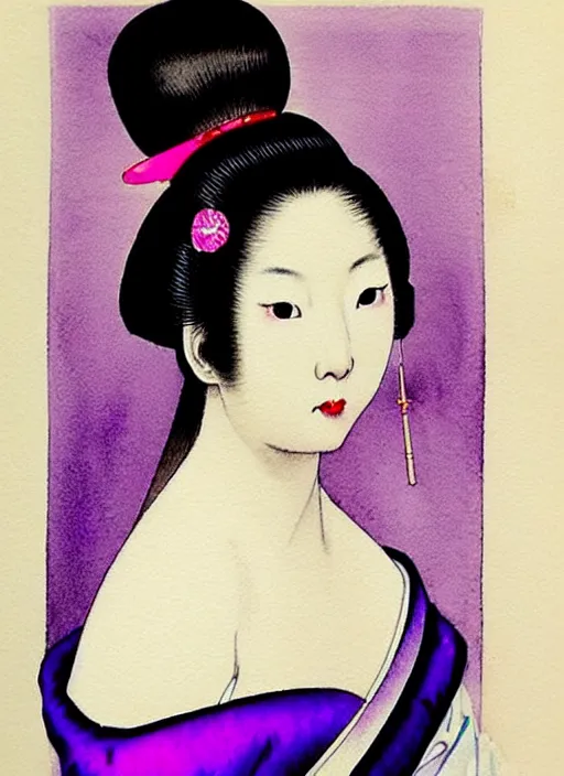 Prompt: glamorous and sexy Geisha schoolgirl, beautiful pale makeup, pearlescent skin, natural beauty, seductive eyes and face, elegant japanese woman, lacivious pose, very detailed face, seductive, sexy push up bras, pale and coloured kimono, photorealism, a study portrait in black and white plus purple colour by Albrecht Dürer, natural study, watercolor