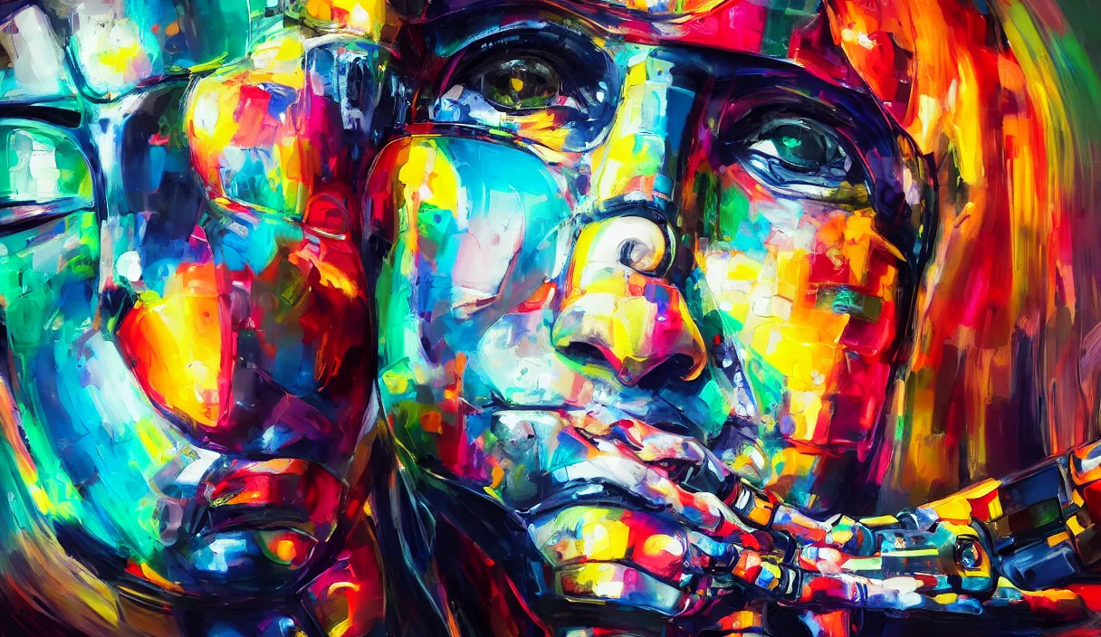 Image similar to colourful cinematic bust portrait of an artist robot painting an artwork on a canvas with a brush, paint and color, robotic enhancements, desaturated, oil on canvas, masterpiece, trending on artstation, featured on pixiv, cinematic composition, dramatic pose, beautiful lighting, sharp, details, hyper-detailed, HD, HDR, 4K, 8K