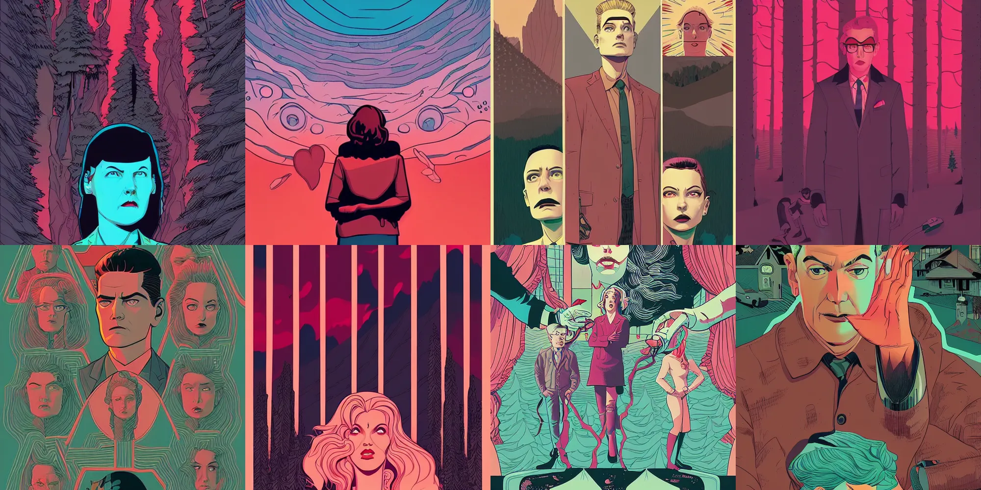 Prompt: Surreal Twin Peaks comic artwork by Tomer Hanuka & Kilian Eng