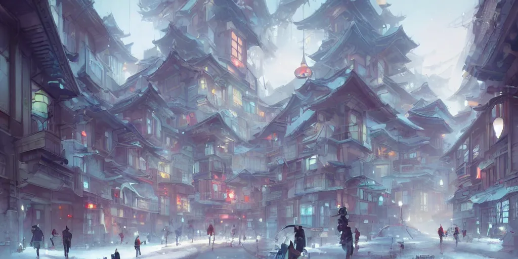 Prompt: japan's architectural street, snow in the city, buildings surrounded by cherry trees, cyberpunk, trends in artstation by peter mohrbacher,