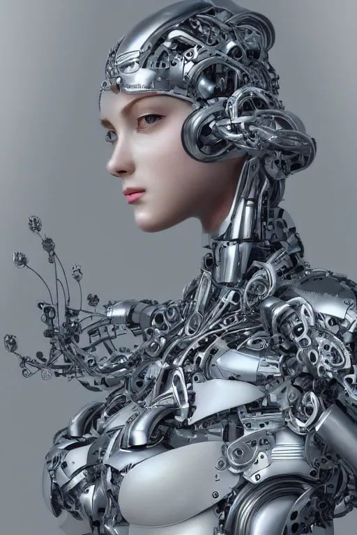 Prompt: Mechanical realistic female elegant modern android looking, cinematic lighting, intricate, elegant, super highly detailed, art station, concept art, smooth, sharp focus, no blur, no dof, extreme illustration, boston dynamic, Photorealism, HD quality, 8k resolution, cinema 4d, 3D, beautiful, delicate, art by artgerm and greg rutkowski and alphonse mucha and loish and WLOP