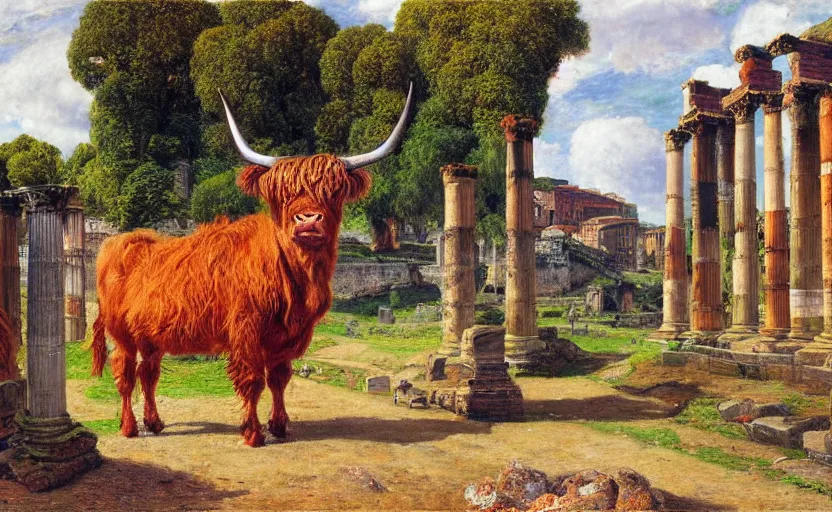 Prompt: oil painting by william holman hunt of a single highland cow at the roman forum.