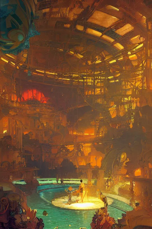 Prompt: Concept Digital Art Highly detailed Alien Art Deco Cybertron lazy river inside of the Pits of Kaon with glowing orange water at midnight by greg rutkowski, Ilya repin, alphonse mucha, and Edmund Blair Leighton. Very highly detailed 8K, octane, Digital painting, the golden ratio, rational painting, sharp