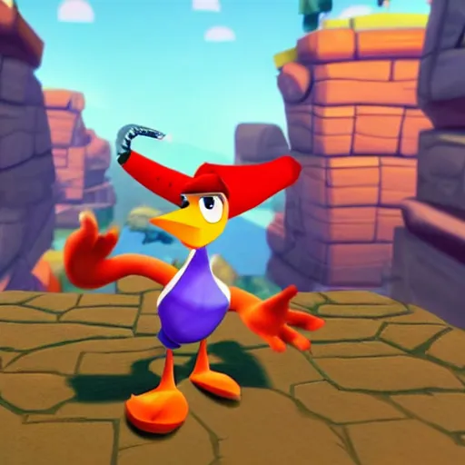 Prompt: screenshot of a cute wacky humanoid goose enemy with a coat in crash bandicoot video game, crash bandicoot 4, playstation 1 era graphics, activision blizzard style, 4 k upscaled graphics