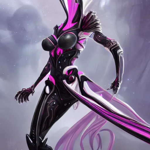 Image similar to ant pov from the floor, looking up, at a highly detailed, exquisite and beautiful giant female warframe, standing elegantly, shining reflective off-white plated armor, slick elegant design, bright Fuchsia skin, sharp claws, close full body shot, epic cinematic shot, realistic, professional digital art, high end digital art, DeviantArt, artstation, Furaffinity, 8k HD render, epic lighting, depth of field