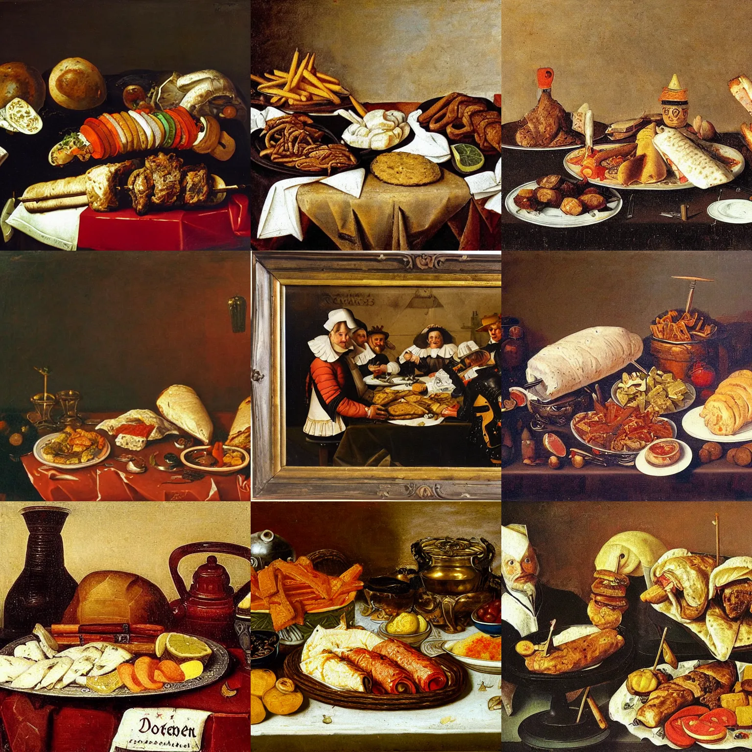 Prompt: Table full of Doener Kebab Logo, Dutch Still Life of the 1600s, oil painting