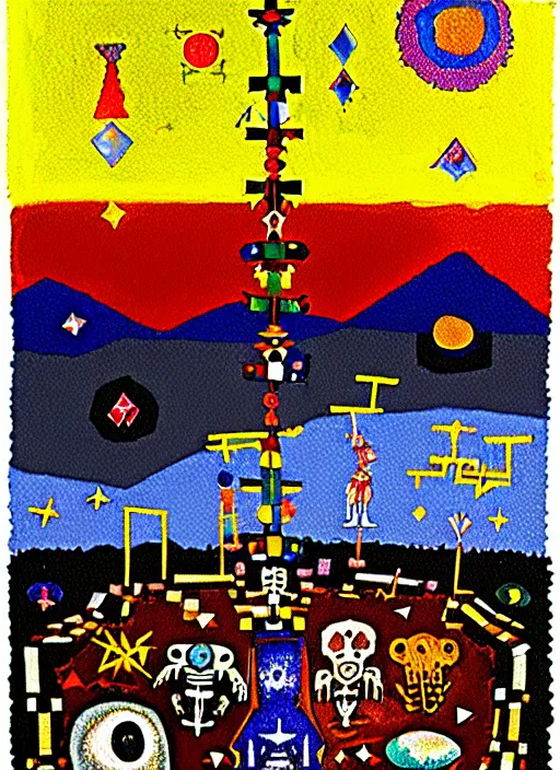 Image similar to pixel decollage painting tarot lovers card composition tower of babel road red armor maggot bear and wonky alien frog skeleton knight on a horse in a dark red cloudy night sky with golden foil jewish stars and diamonds, mountain lake and blossoming field in background, painted by Mark Rothko, Helen Frankenthaler, Danny Fox and Hilma af Klint, pixelated, neo expressionism, semi naive, pastel colors, cinematic, color field painting, cave painting, voxel, pop art look, outsider art, minimalistic. Bill Traylor painting, part by Philip Guston, Amano and Francis Bacon. art by Adrian Ghenie and Storm Thorgerson, very coherent symmetrical artwork, cinematic, hyper realism, high detail, octane render, unreal engine, Smooth gradients, depth of field, full body character drawing, extremely detailed, 8k, extreme detail, intricate detail, masterpiece