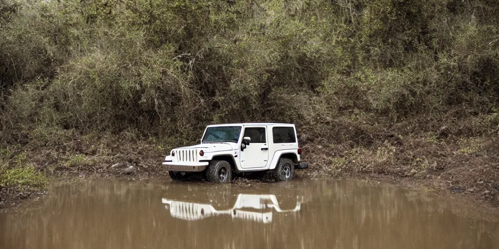 Prompt: noisy color photograph of a 1997 hardtop white Jeep Wrangler drowning in quicksand, dirty swamp, gritty, Venom liquid, cinematic, soft vintage glow