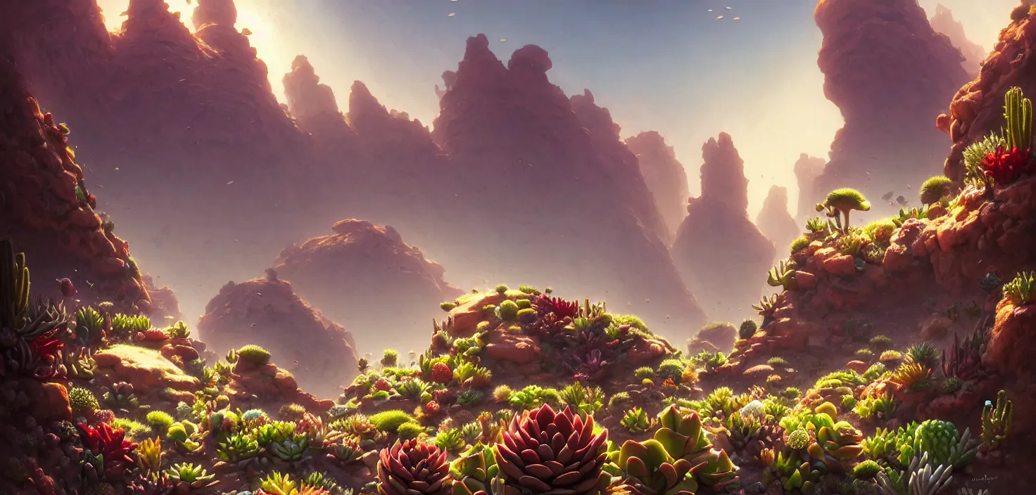 Prompt: a desert with a lot of succulents and exotic flowers, corals, underwater, super detailed, detailed, concept art, low angle, high detail, warm lighting, volumetric, godrays, vivid, beautiful, trending on artstation, by jordan grimmer, huge scene, grass, art greg rutkowski