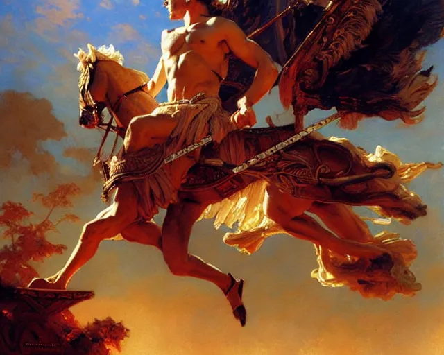 Image similar to attractive apollo greek god, riding his fire chariot. highly detailed painting by gaston bussiere, craig mullins, j. c. leyendecker 8 k