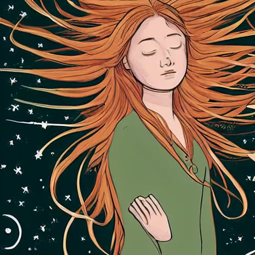 Prompt: Performance art. A beautiful illustration of a young girl with long flowing hair, looking up at the stars. She appears to be dreaming or lost in thought. by Brian K. Vaughan