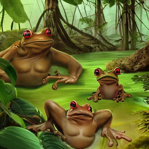 Image similar to Camp with wild humanoid frogs in the middle of the jungle, 8k, detailed, concept art, trending on artstation