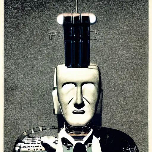 Image similar to The man with robot head, man head, robot head, movie by David Lynch