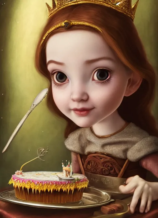 Image similar to highly detailed closeup portrait of a grinning irish fairytale medieval princess eating birthday cake, unreal engine, nicoletta ceccoli, mark ryden, lostfish, earl norem, global illumination, god rays, detailed and intricate environment