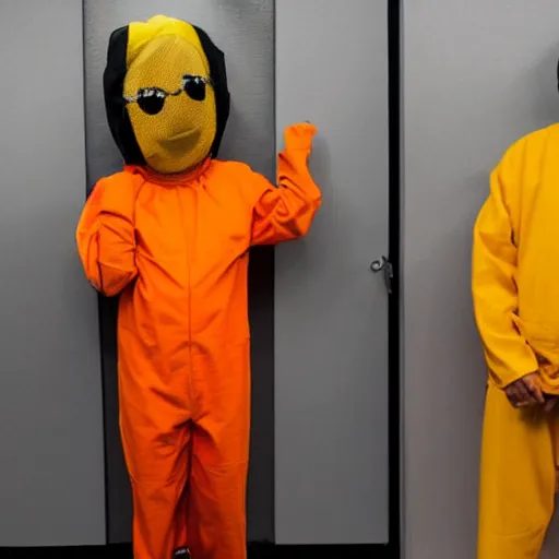 Image similar to inmate with orange suit and wearing a bee head