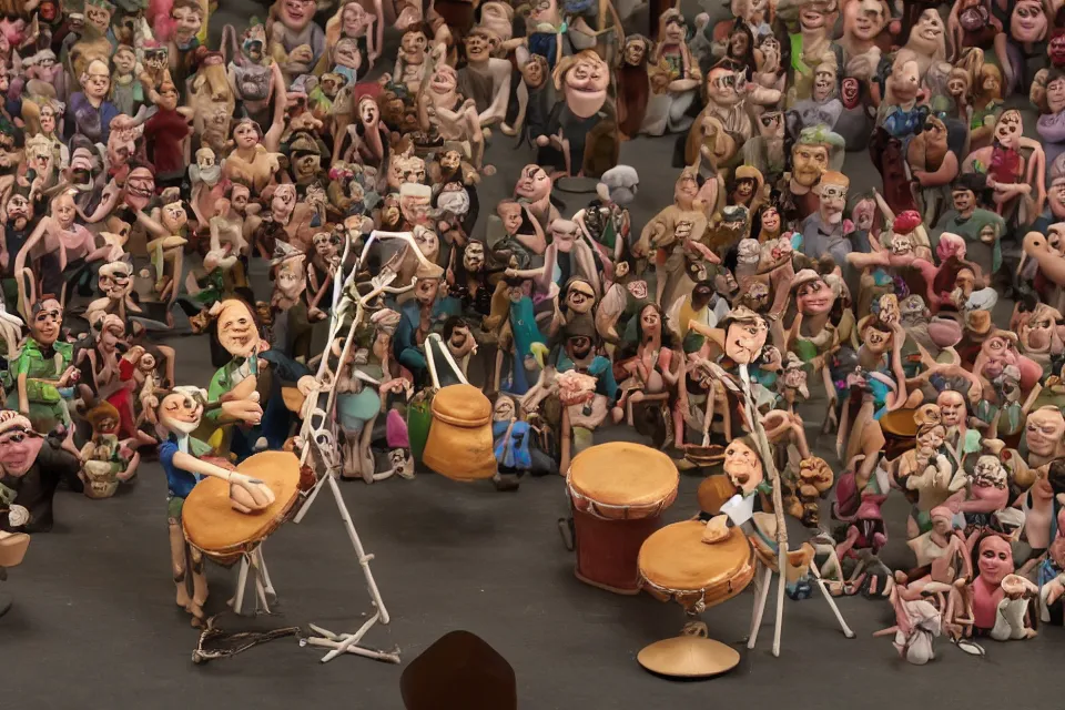 Image similar to a claymation film still of a curly long hair drummer playing the drum set in a big arena stage with a crowd of fans. claymation by bruce bickford