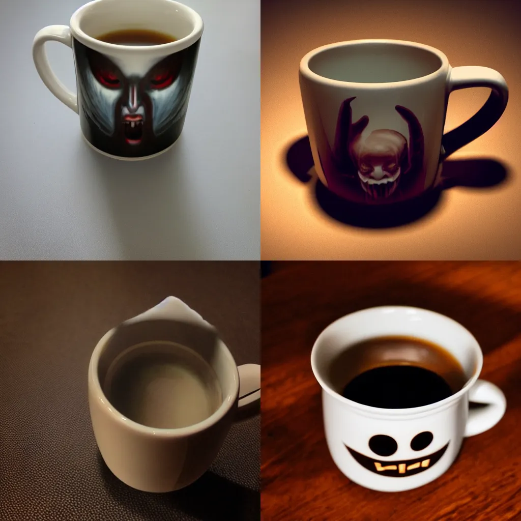 Prompt: coffee mug inhabited by evil spirit, paranormal photograph, sharp lighting, haunting, hyperreal