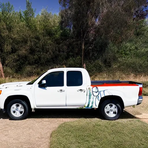 Prompt: Inflatable white Toyota pickup with paint splatter