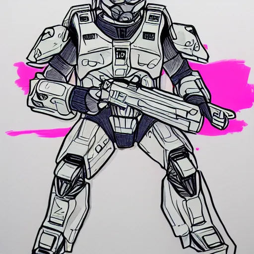 Prompt: master chief drawn with markers, background colored pink