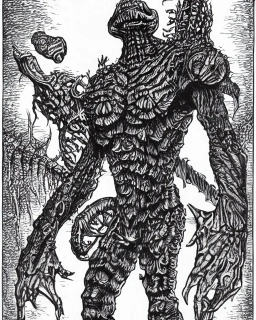 Image similar to a micronaut pharoid, full body, pen - and - ink illustration, etching, by russ nicholson, david a trampier, larry elmore, 1 9 8 1, hq scan, intricate details, monster manula, fiend folio