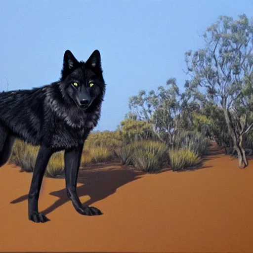 Image similar to black wolf in an australian desert, gold colored eyes, painting