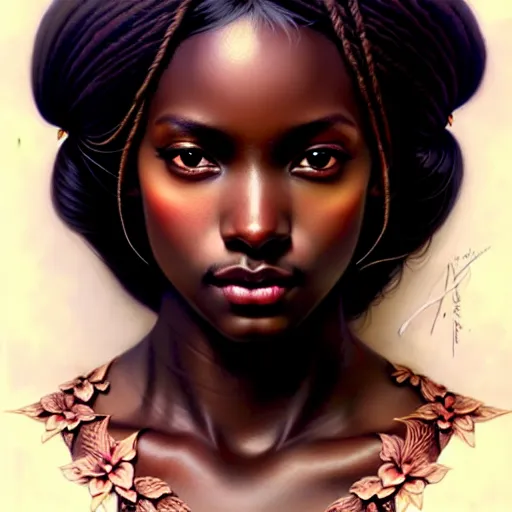 Prompt: Hyperrealistic beautiful sexy ethereal national geographic dark skinned girl portrait, art nouveau, fantasy, intricate flower designs, elegant, highly detailed, sharp focus, art by Artgerm and Greg Rutkowski and WLOP