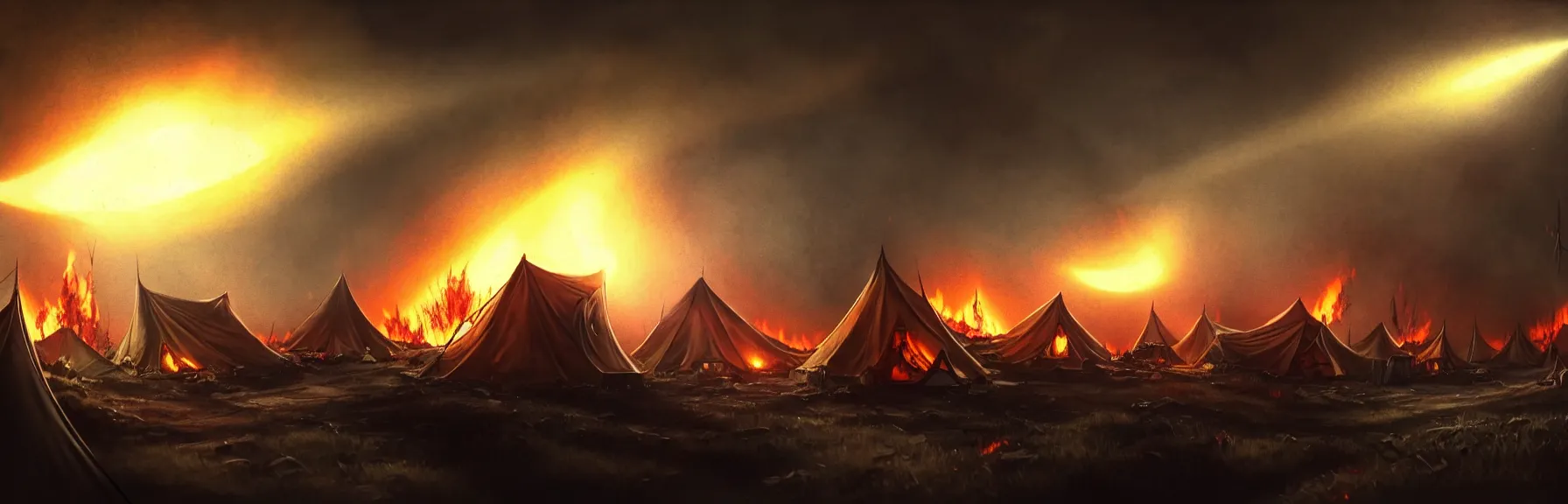 Image similar to You step out of the tent and are about to start running when it suddenly gets incredibly bright, Tents are on fire. you hear screams You look up, Mighty zeppelins hover in the sky above you, cruise missile strikes, a little further away, a camp is bombarded from the air, intricate and epic concept art, highly detailed, 8k, cinematic