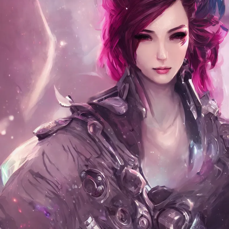 Prompt: fantasy magical fashion girl portrait, cyberpunk, league of legends, short hair, fantasy, intricate, androgynous, highly detailed, digital painting, artstation, concept art, smooth, sharp focus, illustration