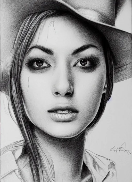 Image similar to 2 0 7 7 s style full body detailed pencil drawing of a cowgirl beautiful face, realistic