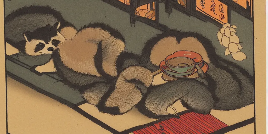 Image similar to little raccoon sitting by a cozy fireplace with a cup of tea. warm color temperature. ukiyo - e,