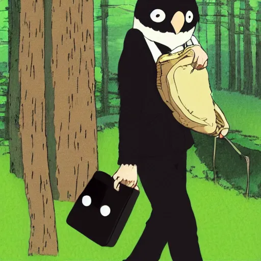 Image similar to still from studio ghibli movie My Neighbor Totoro, Hayao Miyazaki,barn owl in a black suit wearing an office bag going to the office, symetrical face,digital oil painting