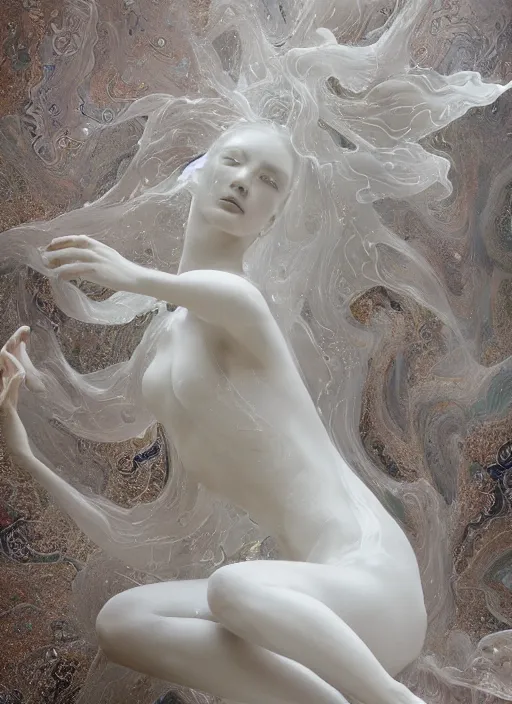 Image similar to opalescent marble sculpture of beautiful woman dissolving into shimmering dust, diaphanous, ivory carving, pearlescent, caustics, fractal paisley inlay, lace, intricate, elegant, highly detailed, digital photography, by ruan jia and greg rutkowski