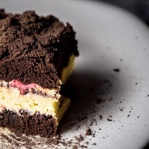 Prompt: a slice of cake made of mud and dirt, with earthworms crawling on it, food photography, dslr, f3.5