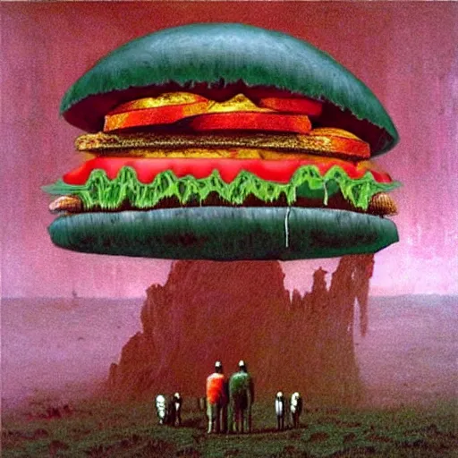 Image similar to Jeff Bezos as a burger in the style of Beksinski