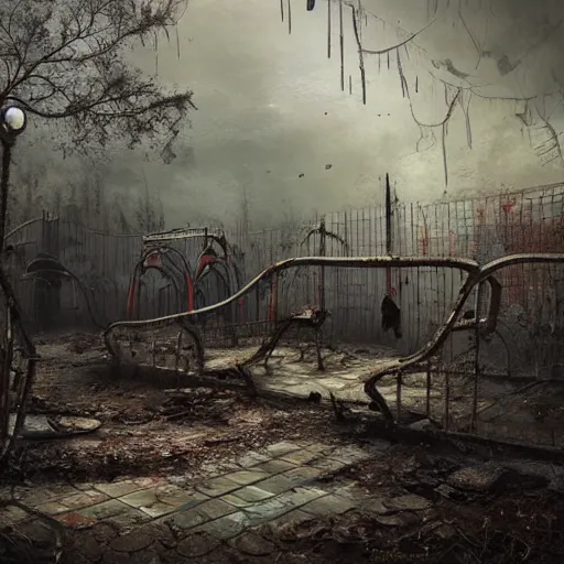 Image similar to michal karcz painting of an abandoned playground. , horror theme, detailed, elegant, intricate, 4k,