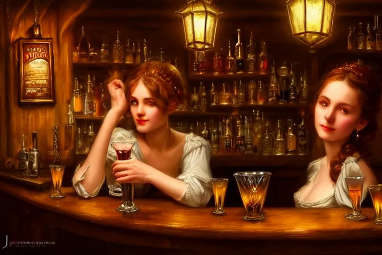 Image similar to a beautiful barmaid, dimly lit cozy tavern, relaxed pose, fantasy, intricate, elegant, dramatic lighting, emotionally evoking symbolic metaphor, highly detailed, lifelike, photorealistic, digital painting, artstation, concept art, smooth, sharp focus, illustration, art by John Collier and Albert Aublet and Krenz Cushart and Artem Demura and Alphonse Mucha, perfect facial symmetry